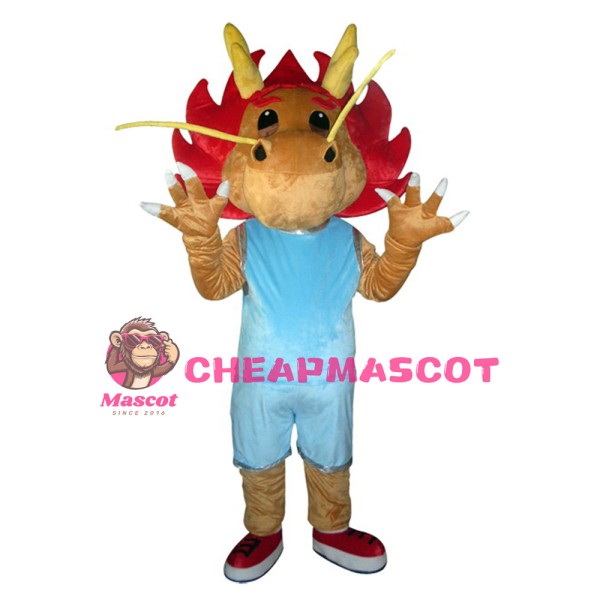 Adult Cartoon Brown Dragon With Blue Suit Mascot Costume