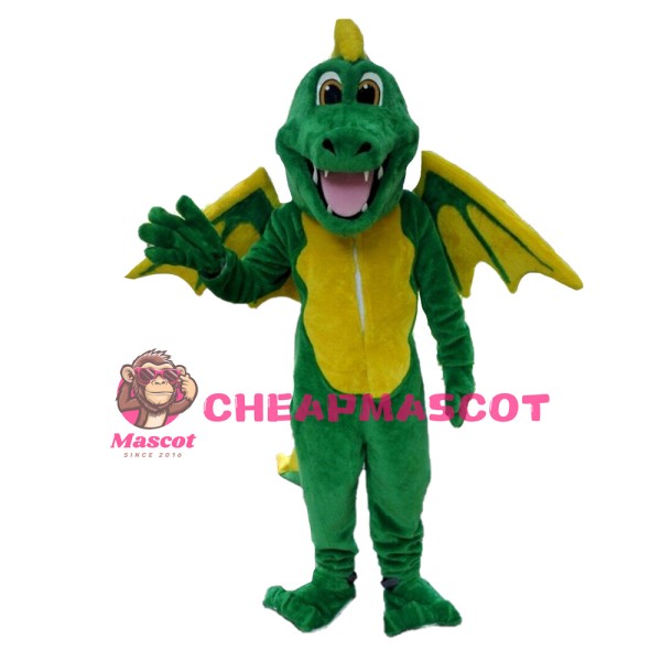 Hot Like Smiling Green & Yellow Dinosaur With Wings Mascot Costume