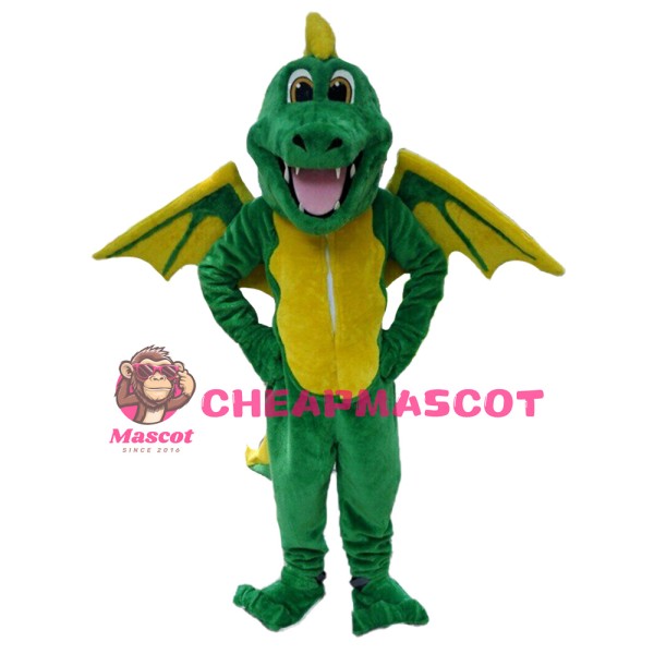 Hot Like Smiling Green & Yellow Dinosaur With Wings Mascot Costume
