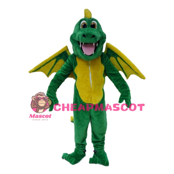 Hot Like Smiling Green & Yellow Dinosaur With Wings Mascot Costume
