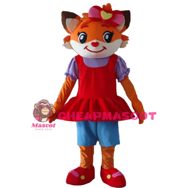 Fancy Cute Smiling Fox With Red Dress Mascot Costume