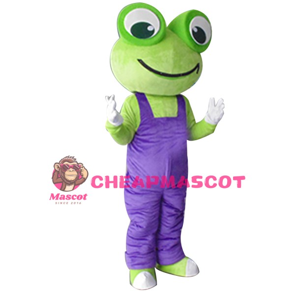 Adult Size Frog With Purple Rompers Mascot Costume