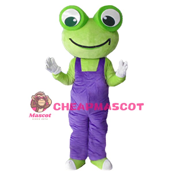 Adult Size Frog With Purple Rompers Mascot Costume