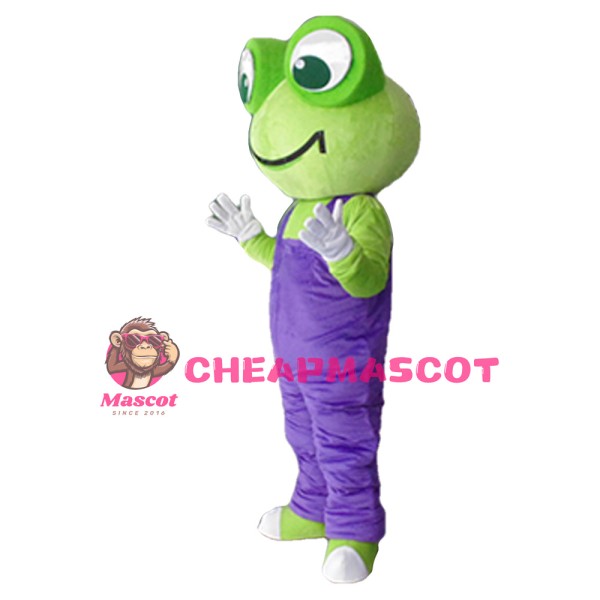 Adult Size Frog With Purple Rompers Mascot Costume