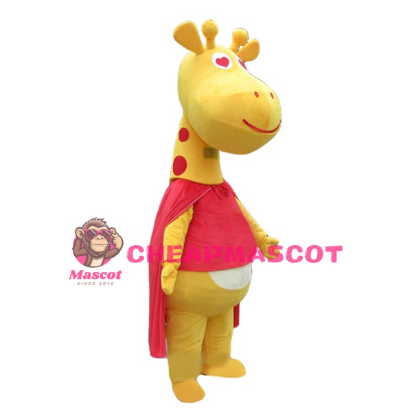 New Kind Smiling Yellow Giraffe With Red Cloak Mascot Costume