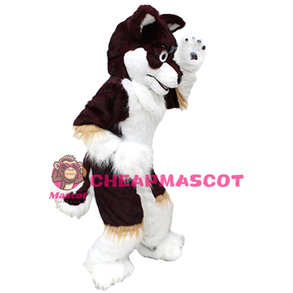 Long Fur Brown & White Wolf Mascot Costume