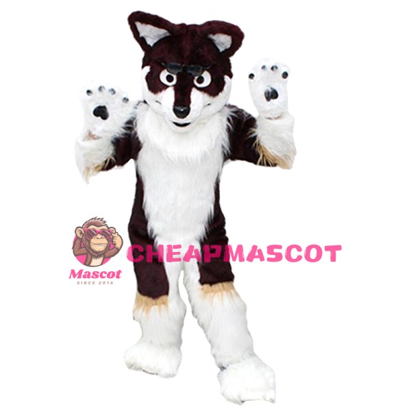 Long Fur Brown & White Wolf Mascot Costume