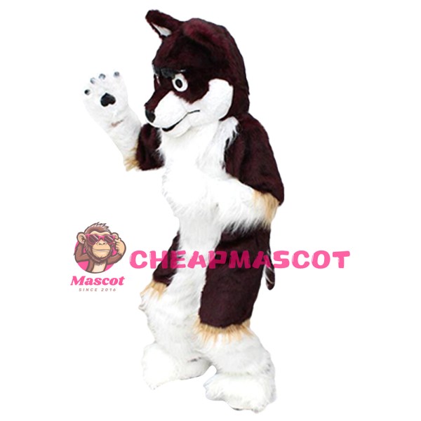 Long Fur Brown & White Wolf Mascot Costume