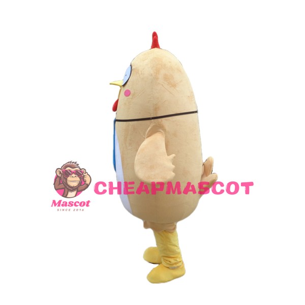 Super Cute Khaki Chicken With Blue Tie Mascot Costume