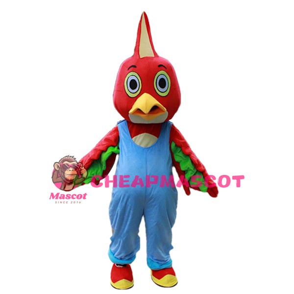 Lovely Plush Furry Red Chicken With Blue Rompers Mascot Costume