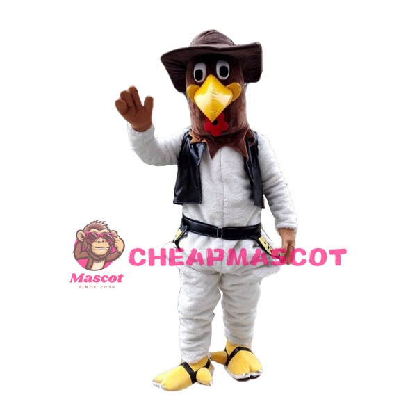 Friendly Brown Chicken With Suit And Hat Mascot Costume