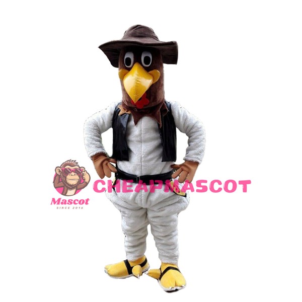 Friendly Brown Chicken With Suit And Hat Mascot Costume