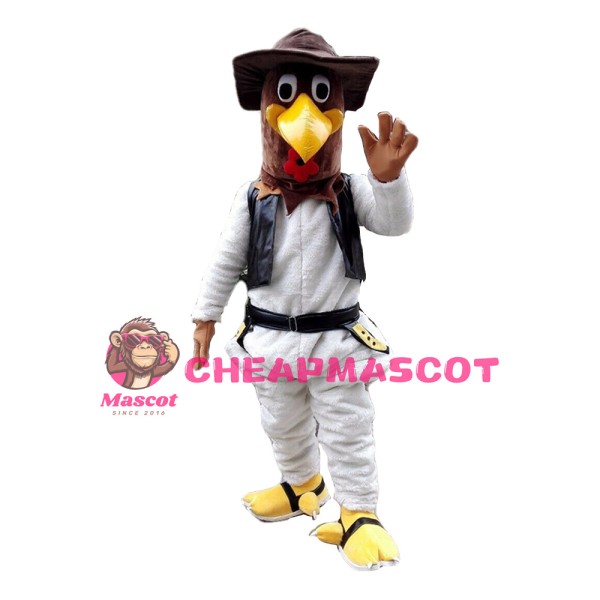 Friendly Brown Chicken With Suit And Hat Mascot Costume