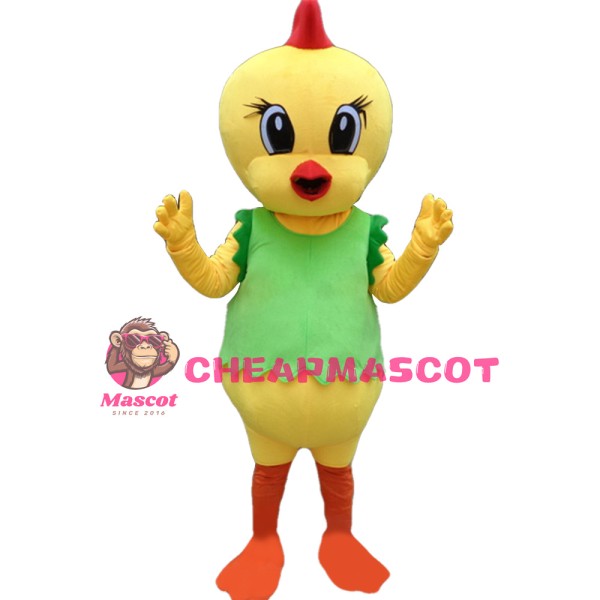 Cute Cartoon Yellow Chicken With Green Vest Mascot Costume