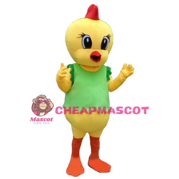 Cute Cartoon Yellow Chicken With Green Vest Mascot Costume