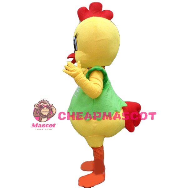 Cute Cartoon Yellow Chicken With Green Vest Mascot Costume