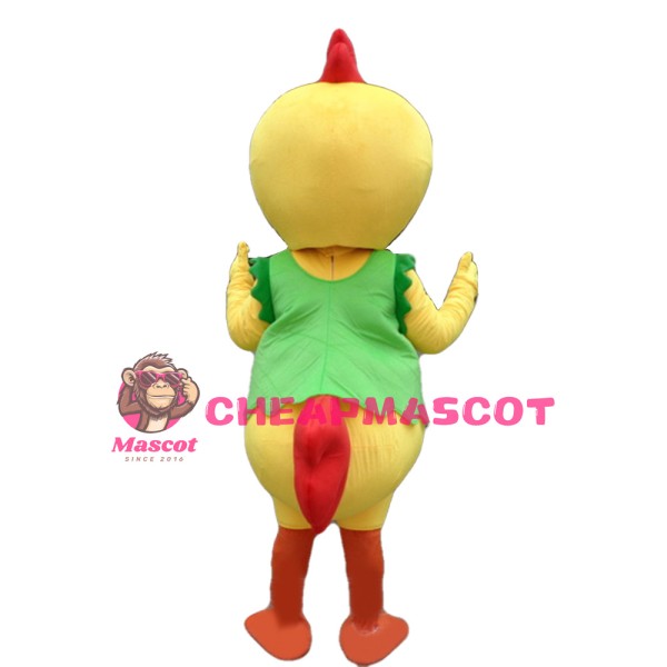 Cute Cartoon Yellow Chicken With Green Vest Mascot Costume
