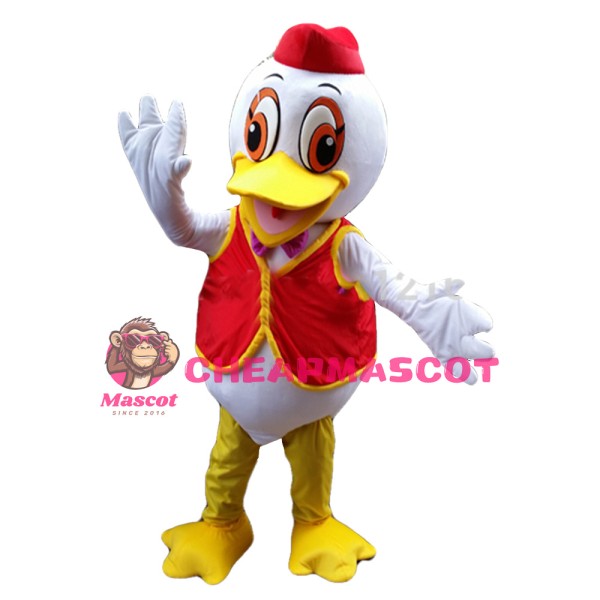 Unisex Friendly White Duck With Red Vest Mascot Costume