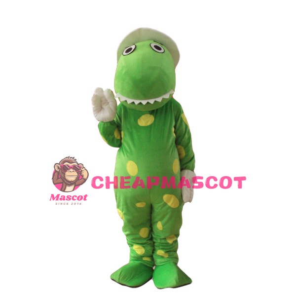 Polite Green Dinosaur With White Hat And Gloves Mascot Costume