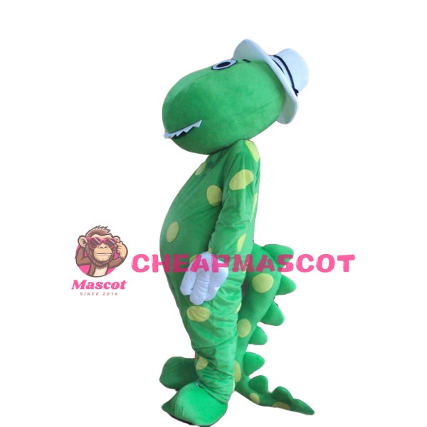 Polite Green Dinosaur With White Hat And Gloves Mascot Costume