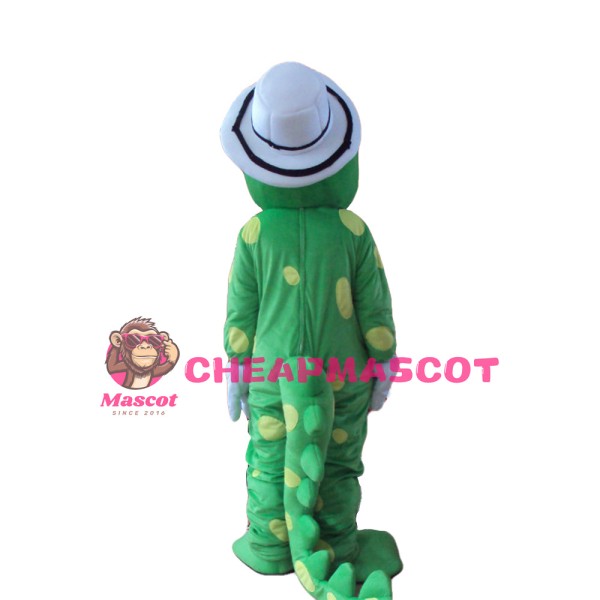 Polite Green Dinosaur With White Hat And Gloves Mascot Costume