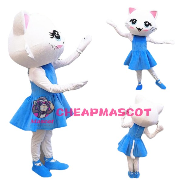 Super Cute Dancing White Cat With Blue Dress Mascot Costume