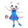 Super Cute Dancing White Cat With Blue Dress Mascot Costume