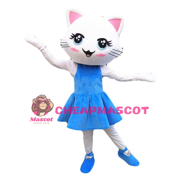Super Cute Dancing White Cat With Blue Dress Mascot Costume