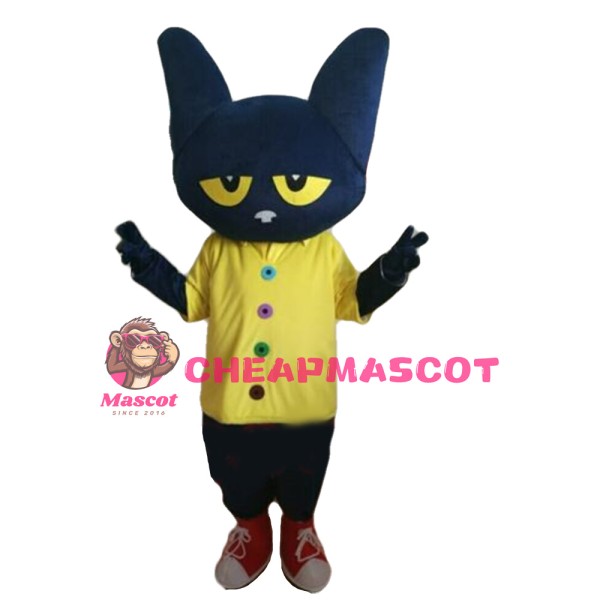 Unisex Cartoon Black Cat With Yellow Shirt Mascot Costume