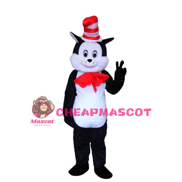 Polite Black & White Cat With Red Tie And Hat Mascot Costume