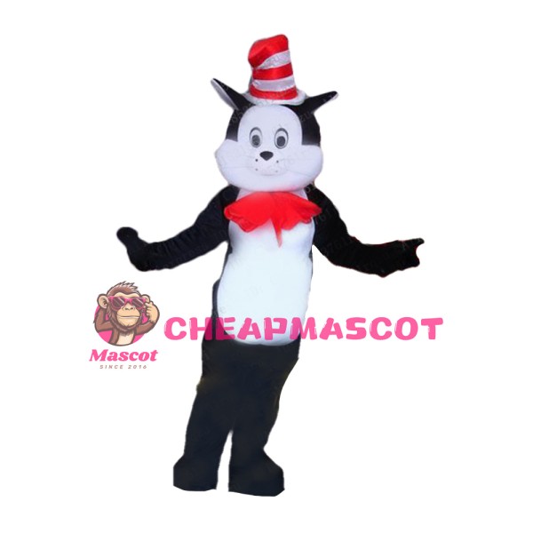 Polite Black & White Cat With Red Tie And Hat Mascot Costume
