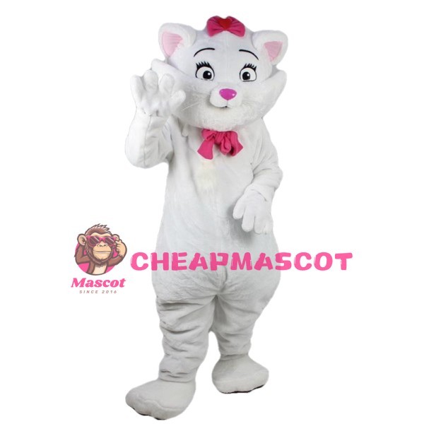 Cartoon White Cat With Pink Tie Mascot Costume