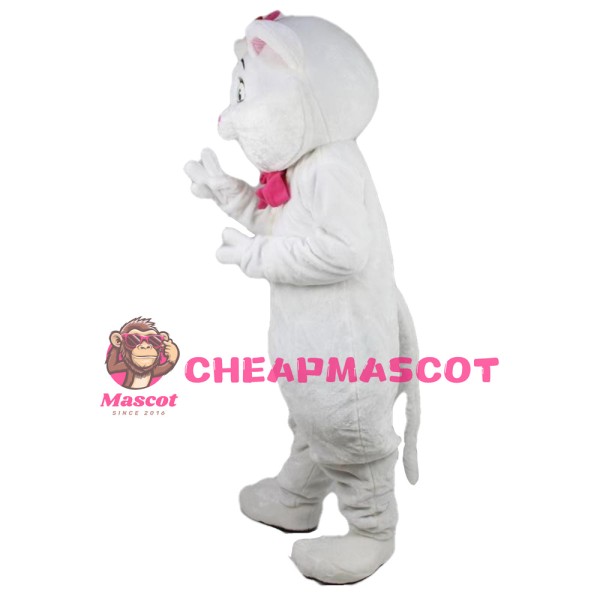 Cartoon White Cat With Pink Tie Mascot Costume