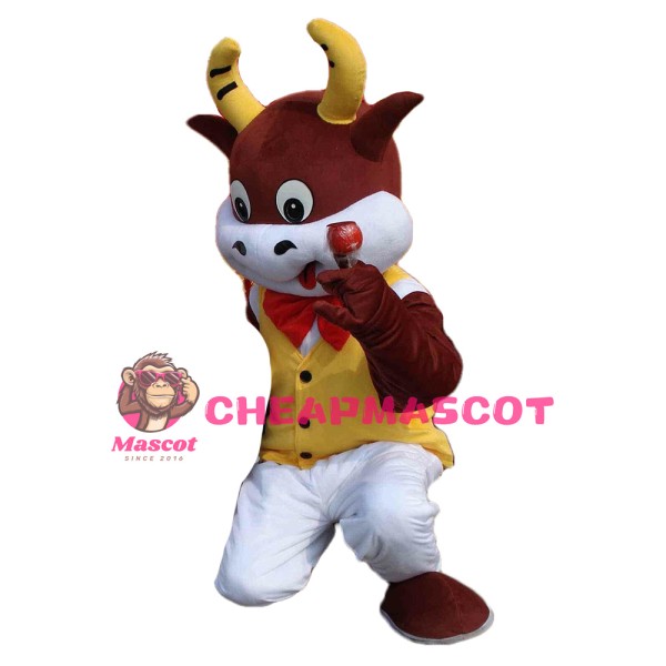 Lively Brown & White Bull With Yellow Shirt Mascot Costume