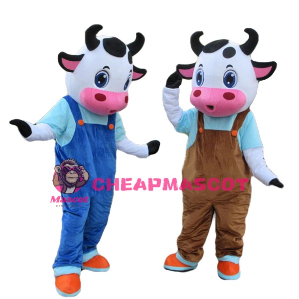 Cartoon Cow Brothers With Rompers Mascot Costume