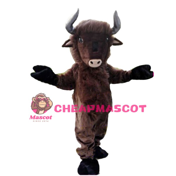 Fancy Long Fur Brown Bull Mascot Costume