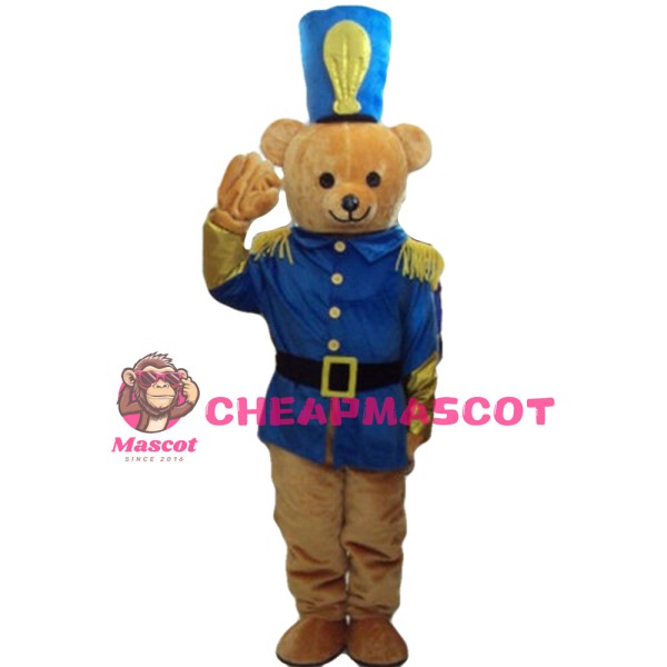 Polite Soldier Bear With Blue Uniform Mascot Costume