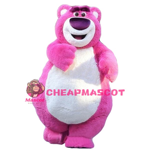 Strong Rose Red Bear With Smiling Face Mascot Costume