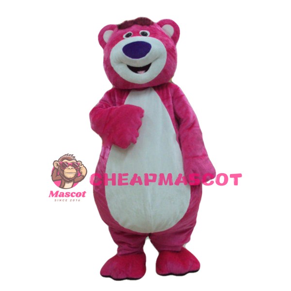 Strong Rose Red Bear With Smiling Face Mascot Costume