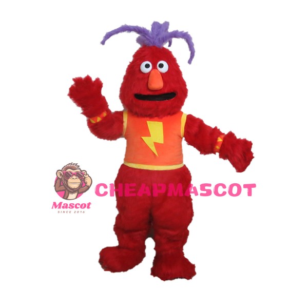 Clownish Red Monster With Purple Hair Mascot Costume