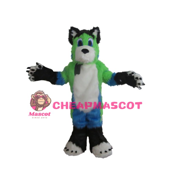 Long Fur Green & White & Blue Dog Mascot Costume