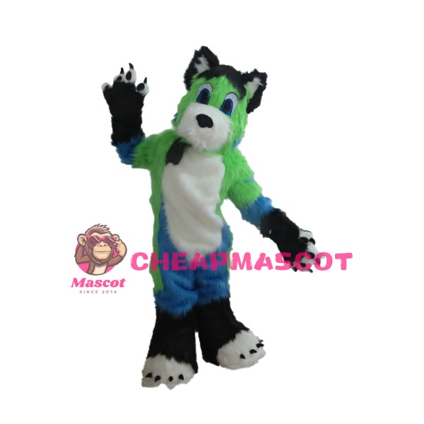Long Fur Green & White & Blue Dog Mascot Costume