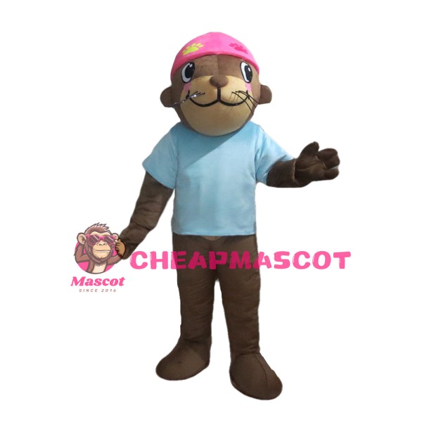 Smiling Seal With Blue Shirt And Pink Scarf Mascot Costume