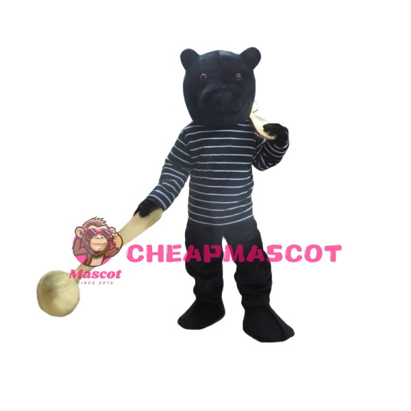 Cool Black Bear With Striped Shirt Mascot Costume