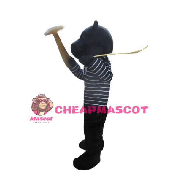 Cool Black Bear With Striped Shirt Mascot Costume