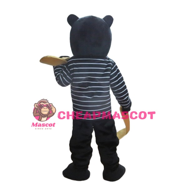 Cool Black Bear With Striped Shirt Mascot Costume