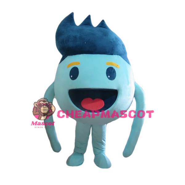 Sky Blue Round Doll With Dark Blue Hair Mascot Costume