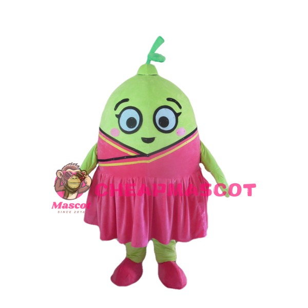 Green Lemon Girl With Pink Dress Mascot Costume