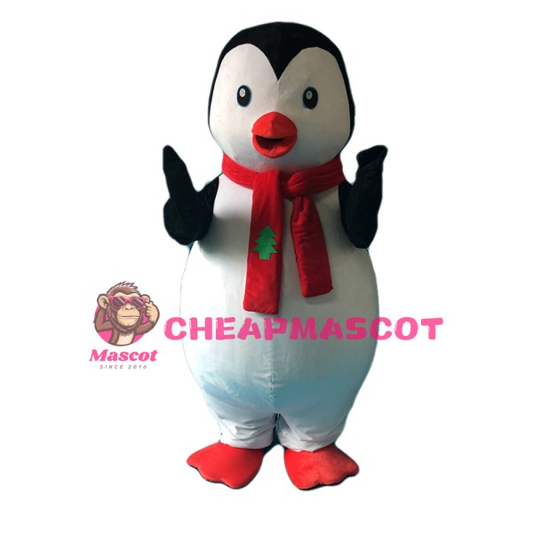 Friendly Penguin With Red Scarf Mascot Costume