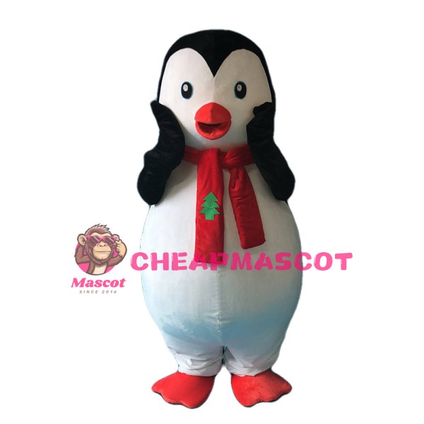 Friendly Penguin With Red Scarf Mascot Costume